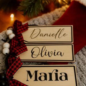 Personalized Wooden Holiday Tags with Red Accents